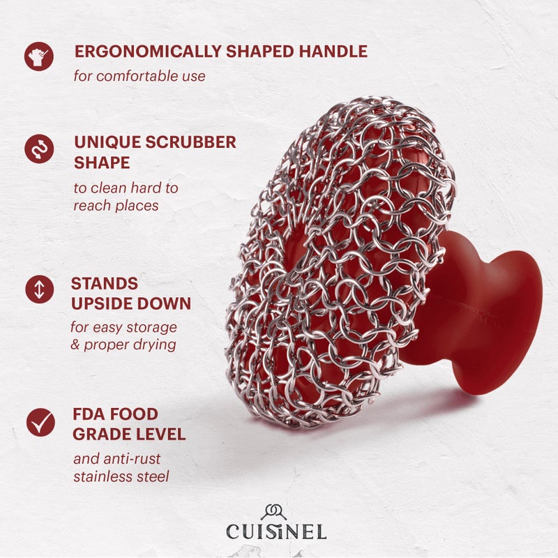 Cuisinel منظف ​​سلسلة البريد من الحديد الزهر + مكشطة المقلاة - وعاء ومقلاة مريح فاخر من الفولاذ المقاوم للصدأ/السيليكون - تصميم آمن للطعام - أواني طهي آمنة للاستخدام في غسالة الأطباق سهلة التنظيف - ملحق إسفنجة المطبخ - Image 3